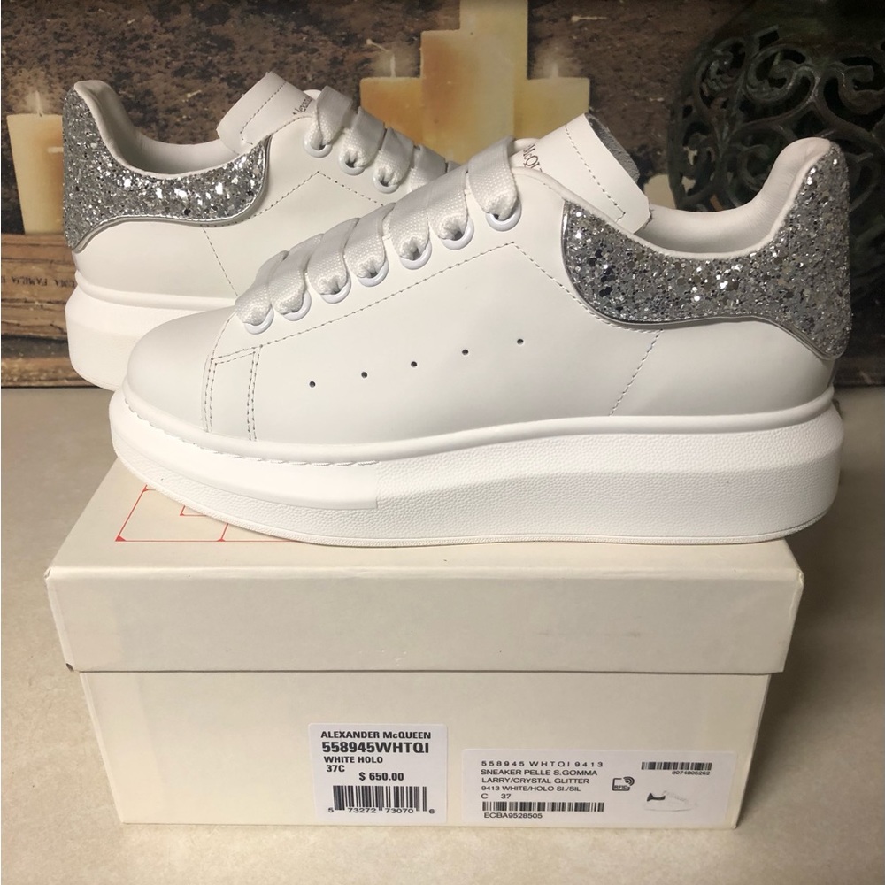 Alexander McQueen Larry Low-Top Platform Silver Glitter Women Size 7 White Sole